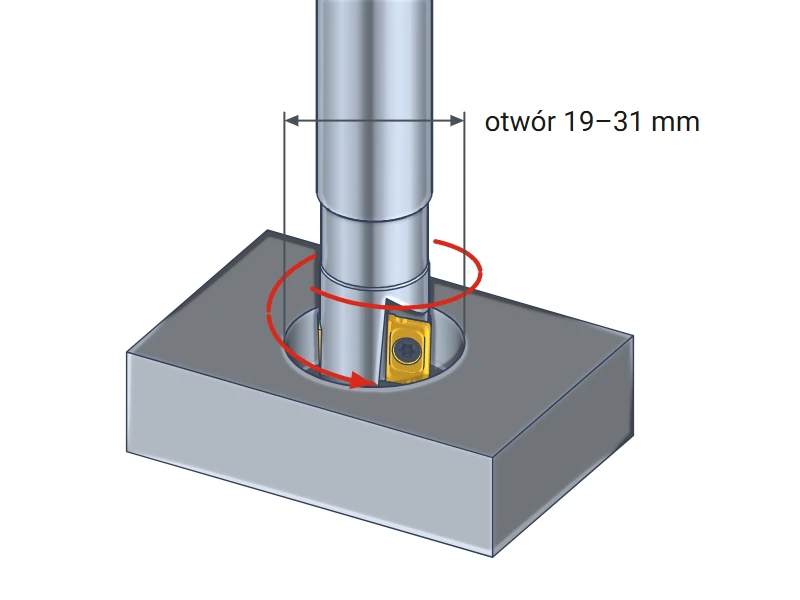 Helical milling of a hole from 19 to 31 mm with a 16 mm indexable end mill