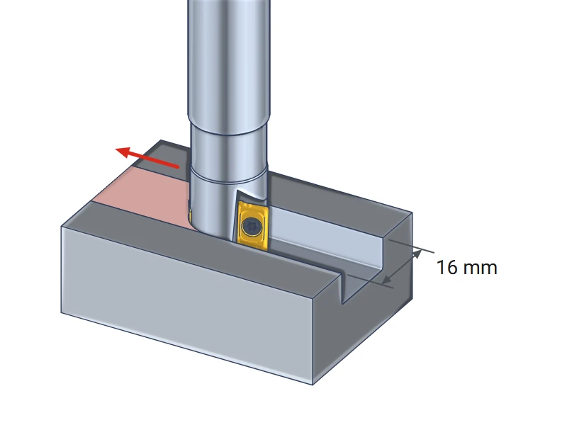 Milling a 16 mm wide slot at the full diameter of the indexable end mill