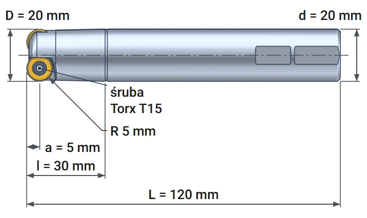 Frez składany fi 20 mm na płytki okrągłe fi 10 mm Smoxh – rysunek wymiarowy, chwyt Weldon 20 mm