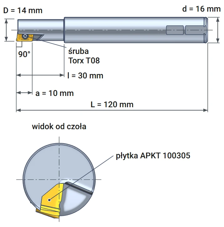 Frez składany fi 14 mm Smoxh ST90 AP10 – rysunek wymiarowy z chwytem Weldon 16 mm