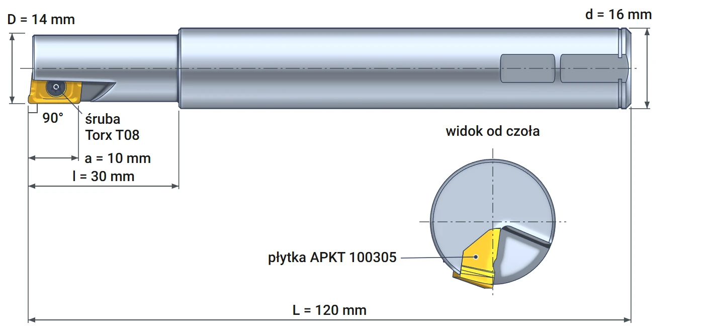 Frez składany fi 14 mm Smoxh ST90 AP10 – rysunek wymiarowy z chwytem Weldon 16 mm
