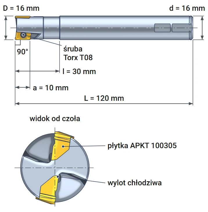 Smoxh ST90 AP10 indexable end mill Ø16 mm – dimensional drawing with 16 mm Weldon shank