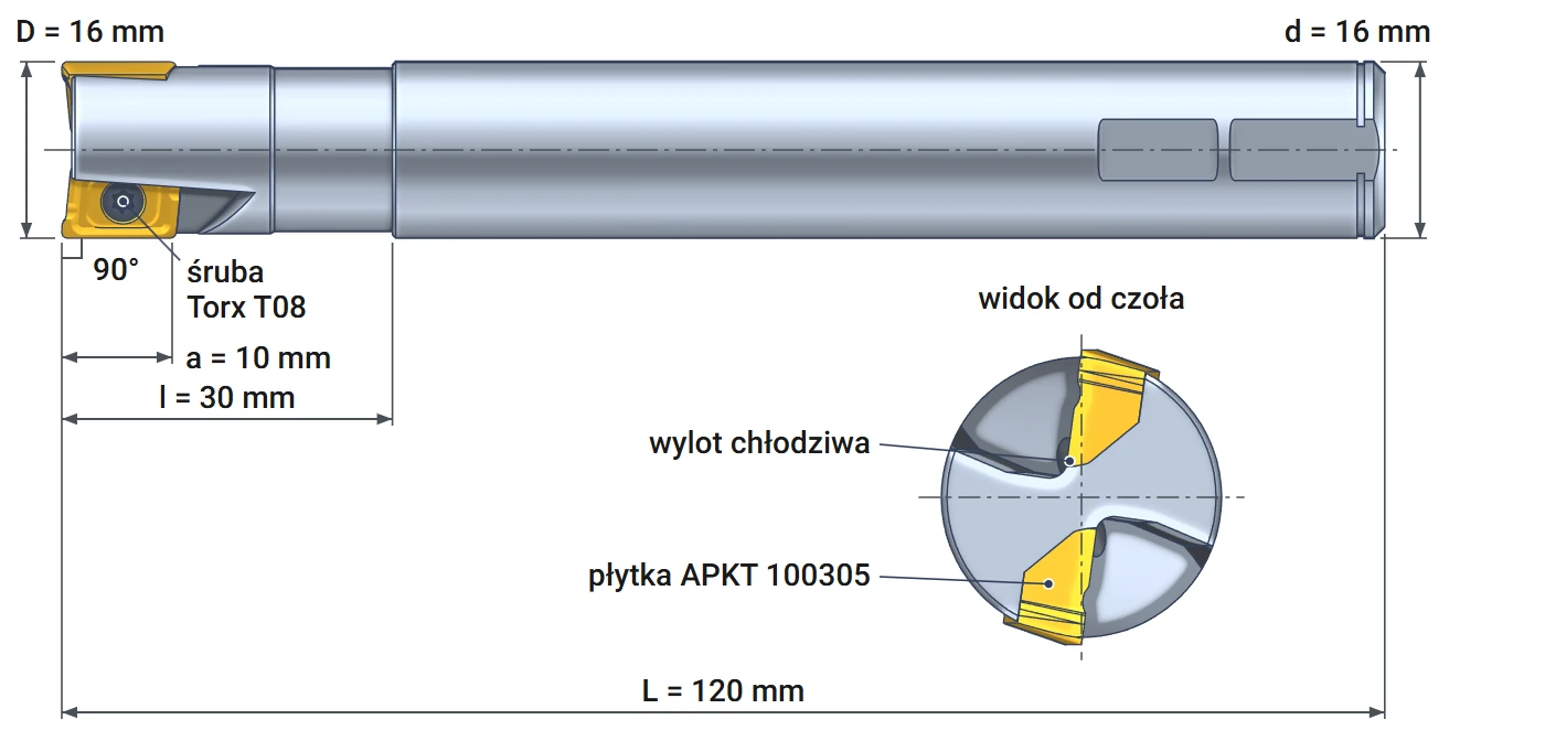 Smoxh ST90 AP10 indexable end mill Ø16 mm – dimensional drawing with 16 mm Weldon shank