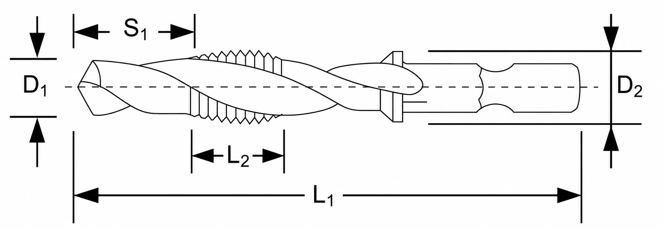 M10 HSS combination drill tap with dimensions marked for the drilling and tapping sections