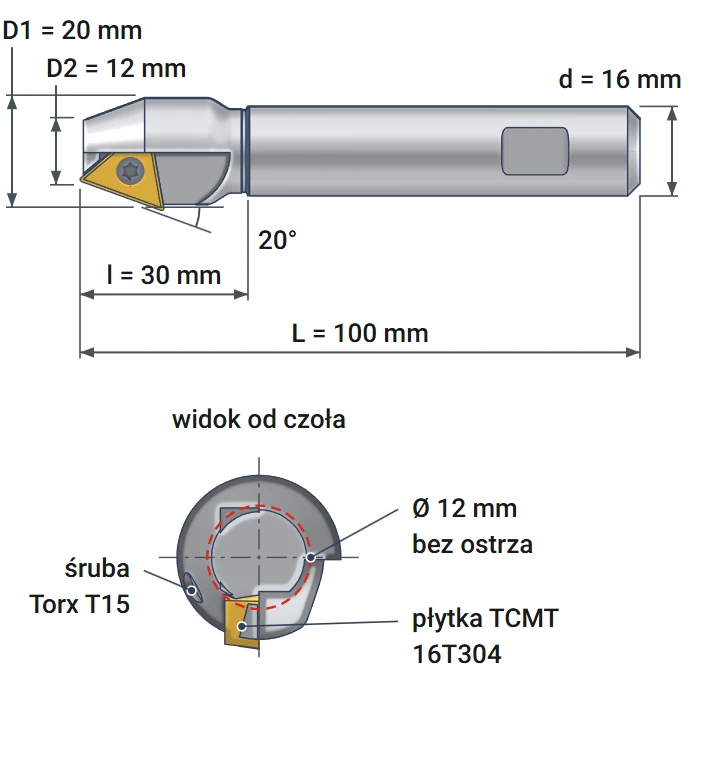 Smoxh indexable countersink 12x20 mm – dimensional drawing, diameters 12 and 20 mm, angle 20°
