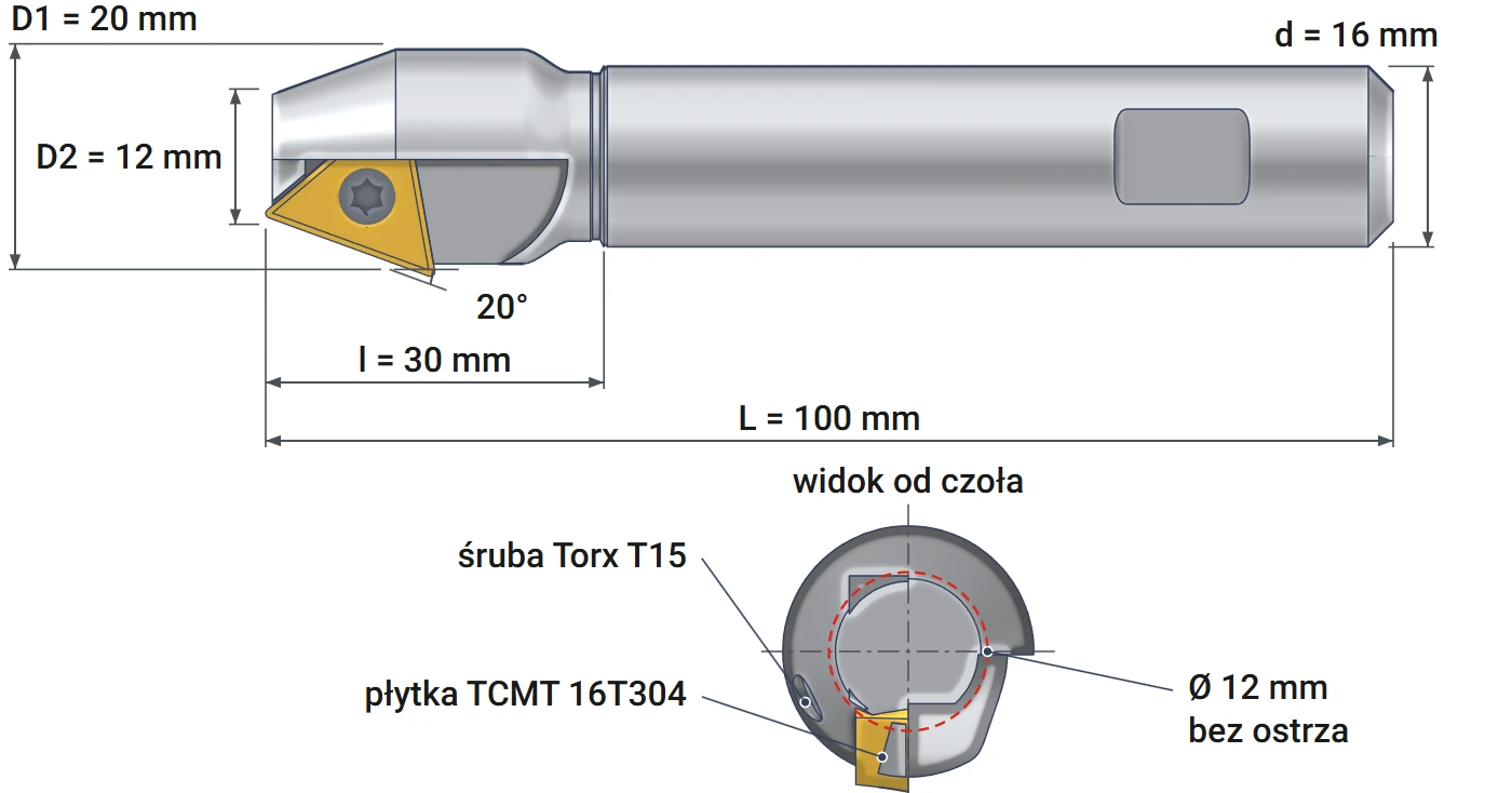 Smoxh indexable countersink 12x20 mm – dimensional drawing, diameters 12 and 20 mm, angle 20°