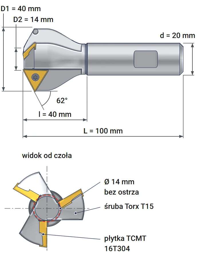 Smoxh indexable countersink 14x40 mm – dimensional drawing, diameters 14 and 40 mm, angle 62°