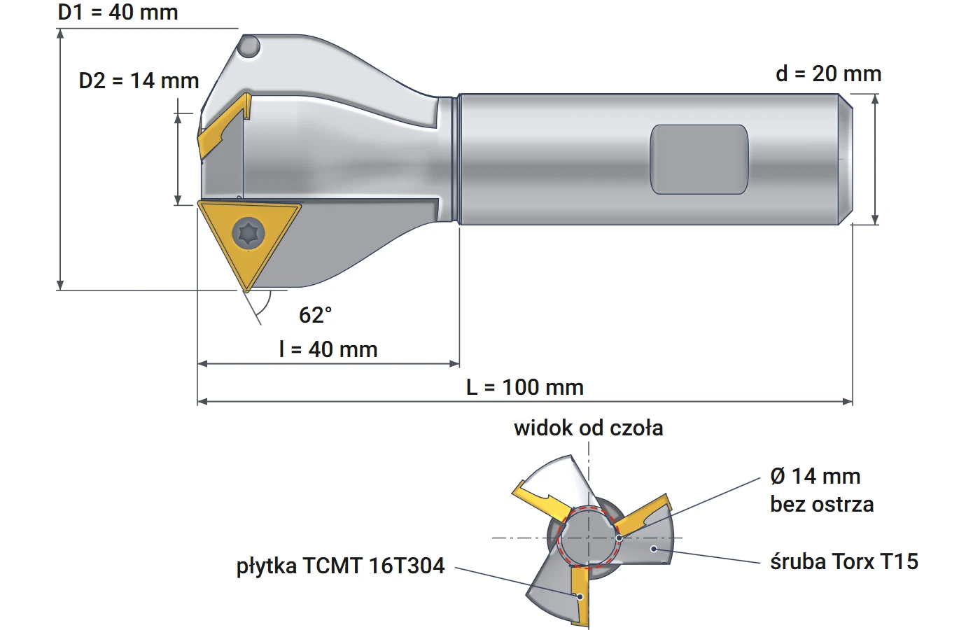 Smoxh indexable countersink 14x40 mm – dimensional drawing, diameters 14 and 40 mm, angle 62°