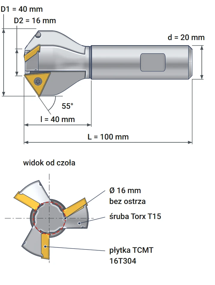Smoxh indexable countersink 16x40 mm – dimensional drawing, diameters 16 and 40 mm, angle 55°