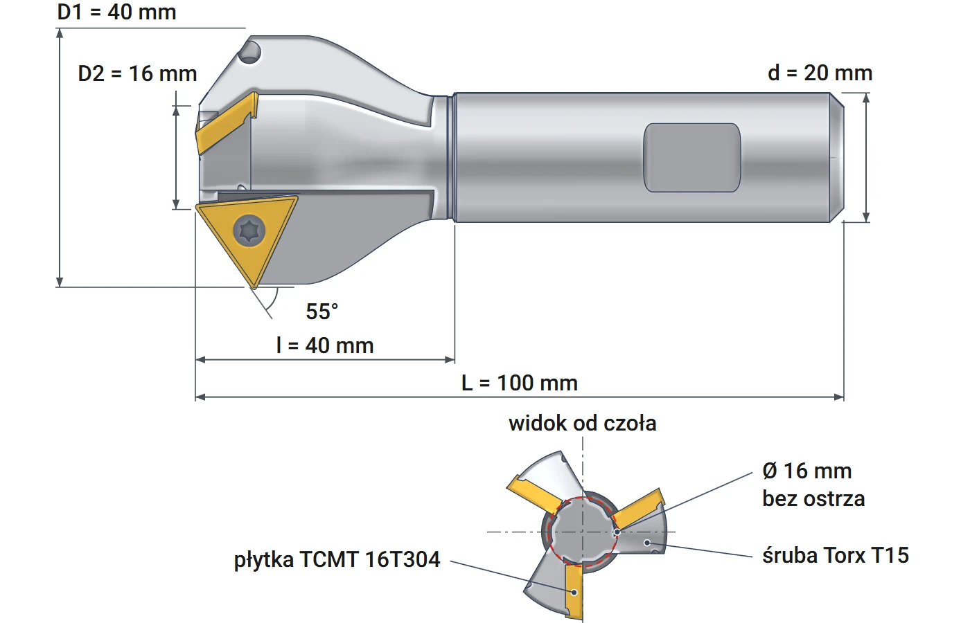 Smoxh indexable countersink 16x40 mm – dimensional drawing, diameters 16 and 40 mm, angle 55°