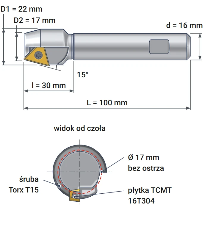Smoxh indexable countersink 17x22 mm – dimensional drawing, diameters 17 and 22 mm, angle 15°