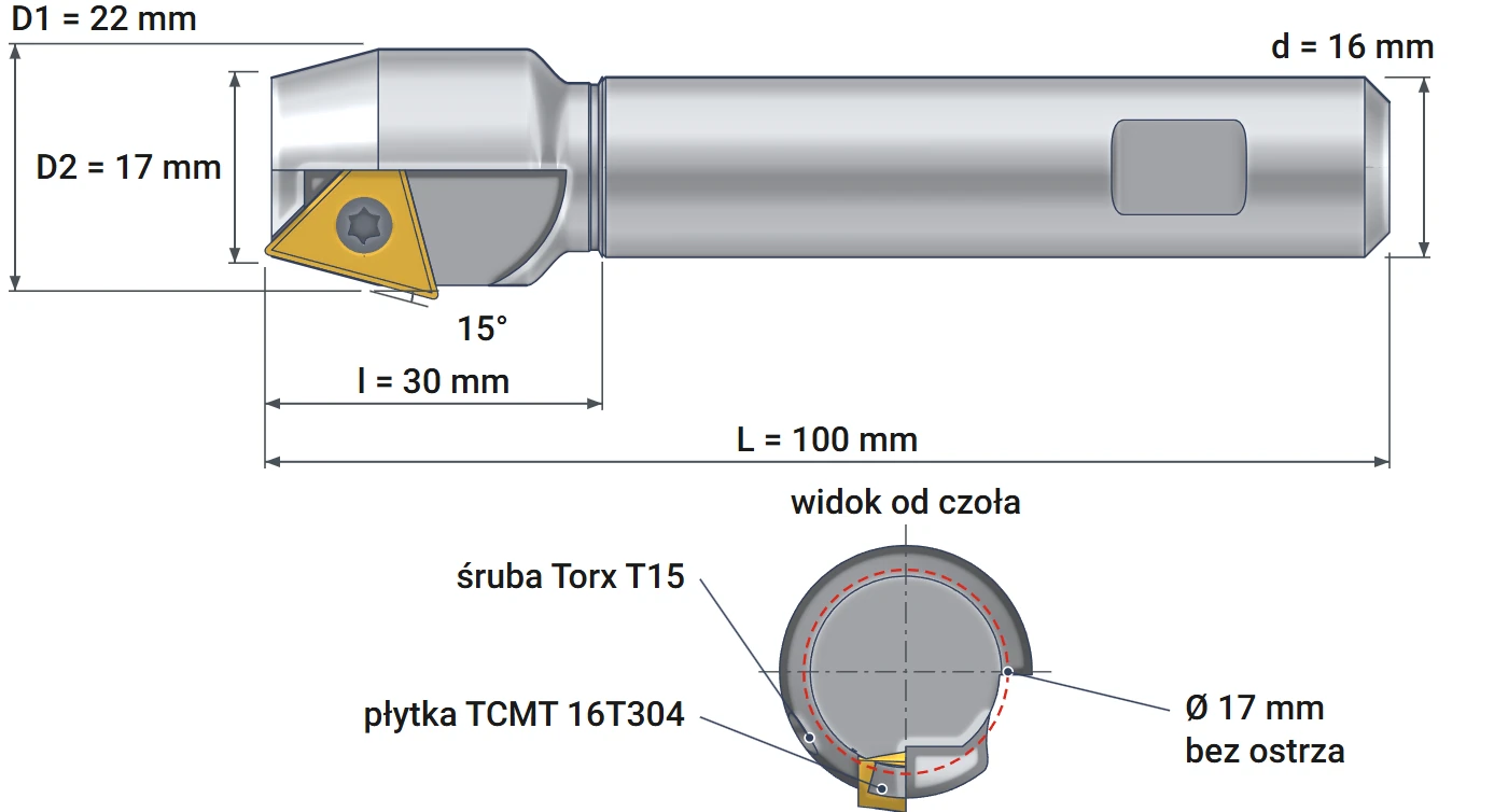 Smoxh indexable countersink 17x22 mm – dimensional drawing, diameters 17 and 22 mm, angle 15°