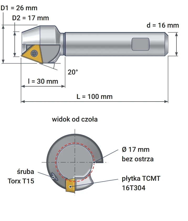 Smoxh indexable countersink 17x26 mm – dimensional drawing, diameters 17 and 26 mm, angle 20°