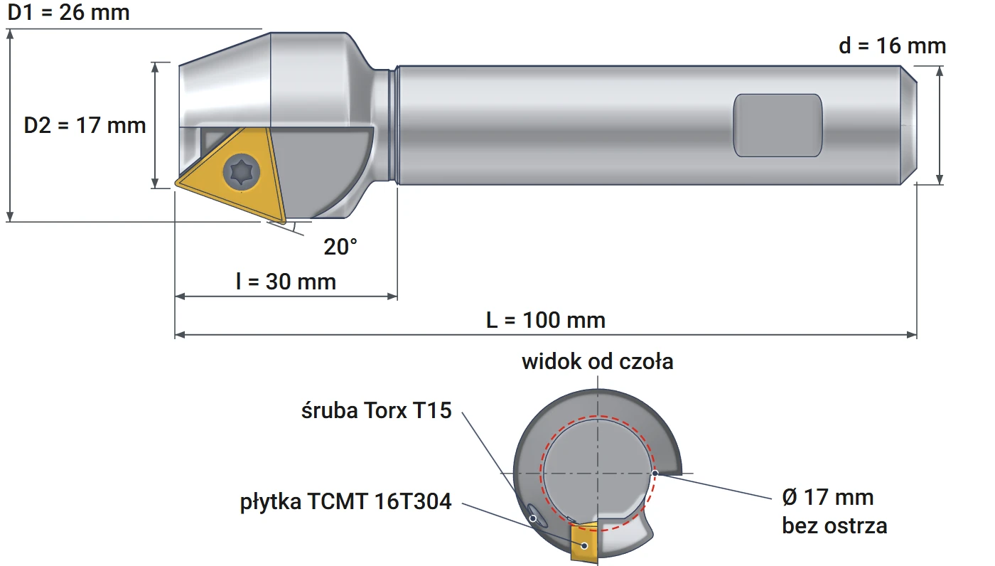 Smoxh indexable countersink 17x26 mm – dimensional drawing, diameters 17 and 26 mm, angle 20°