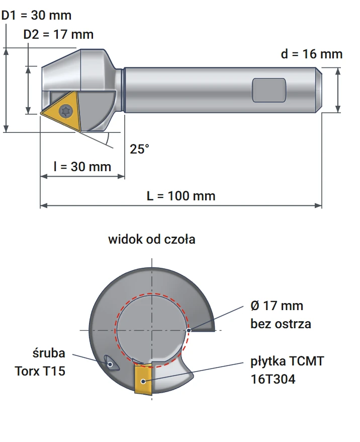 Smoxh indexable countersink 17x30 mm – dimensional drawing, diameters 17 and 30 mm, angle 25°