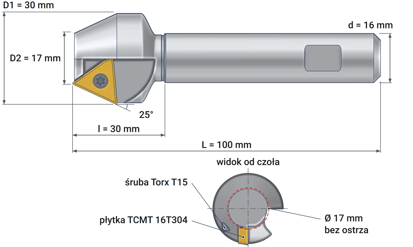 Smoxh indexable countersink 17x30 mm – dimensional drawing, diameters 17 and 30 mm, angle 25°