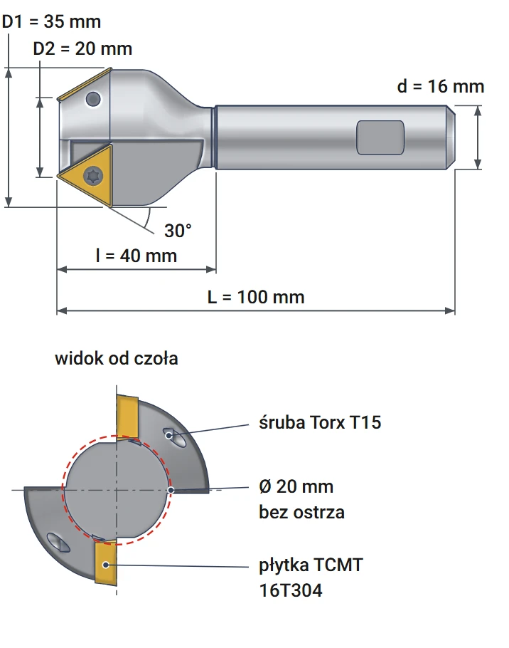 Smoxh indexable countersink 20x35 mm – dimensional drawing, diameters 20 and 35 mm, angle 30°
