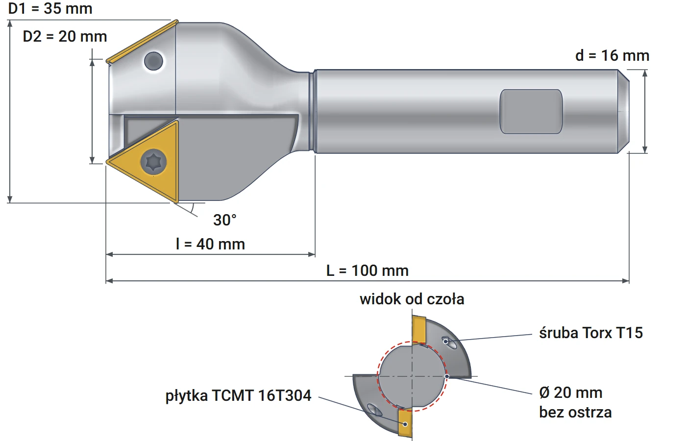 Smoxh indexable countersink 20x35 mm – dimensional drawing, diameters 20 and 35 mm, angle 30°
