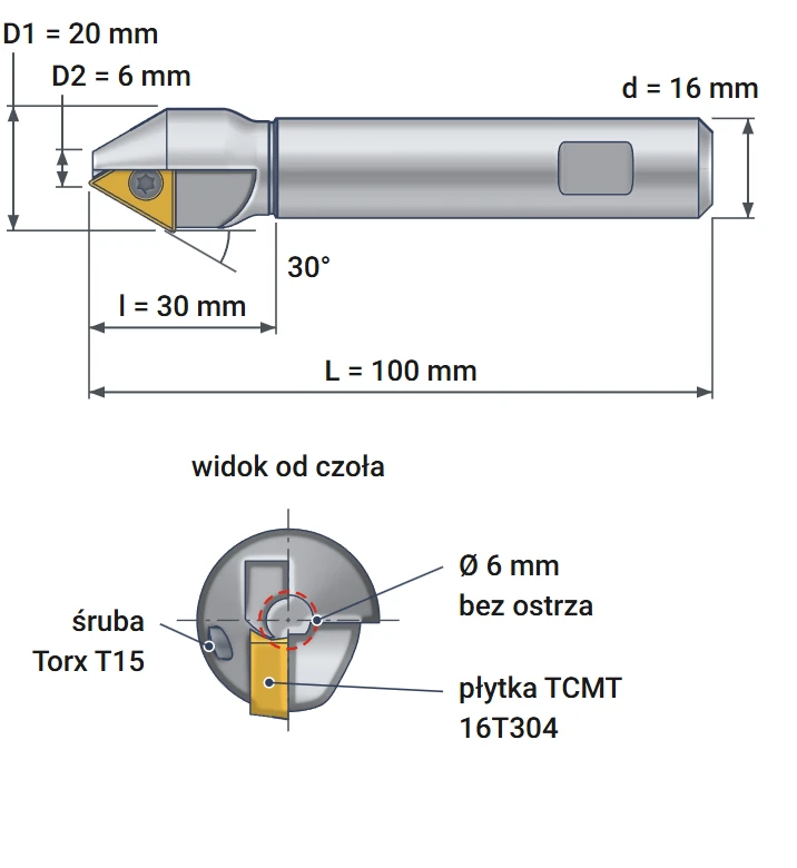 Pogłębiacz składany 6x20 mm Smoxh – rysunek wymiarowy, średnice 6 i 20 mm, kąt 30 stopni