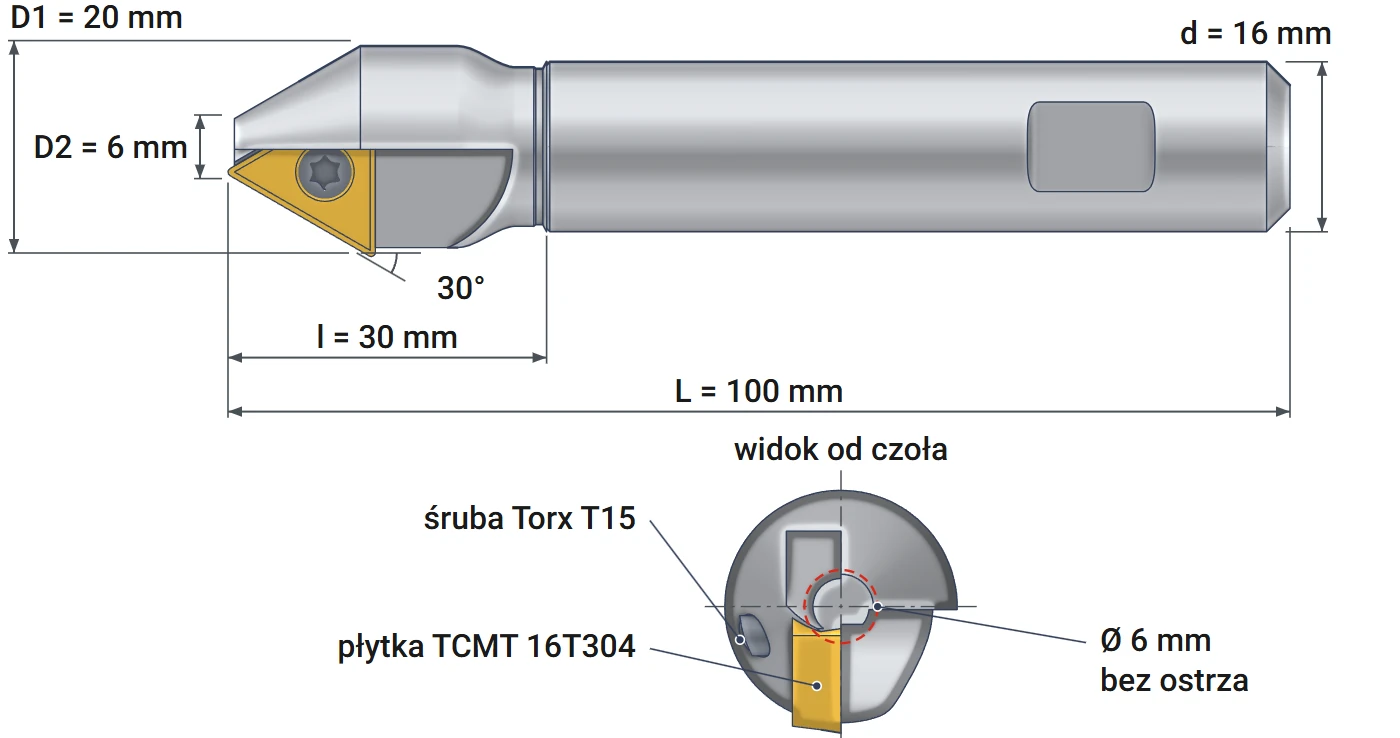 Pogłębiacz składany 6x20 mm Smoxh – rysunek wymiarowy, średnice 6 i 20 mm, kąt 30 stopni