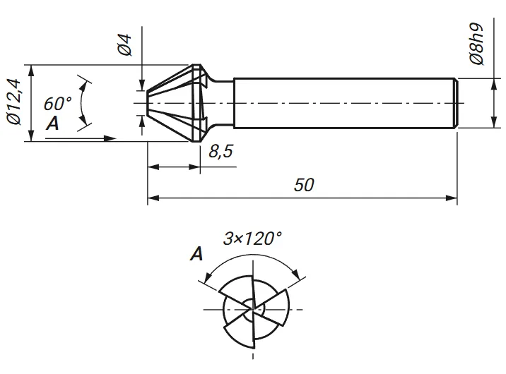 Rysunek techniczny: pogłębiacz stożkowy fi 12,4 mm 60 stopni DIN 334 z wymiarami D, D1, L i l