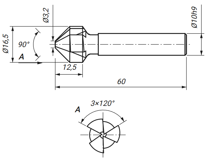Rysunek techniczny: pogłębiacz stożkowy fi 16,5 mm 90 stopni DIN 335 z wymiarami D, D1, L i l