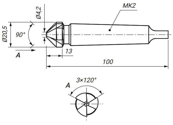 Rysunek techniczny: pogłębiacz stożkowy fi 20,5 mm 90 stopni DIN 335 z wymiarami D, D1, L i l
