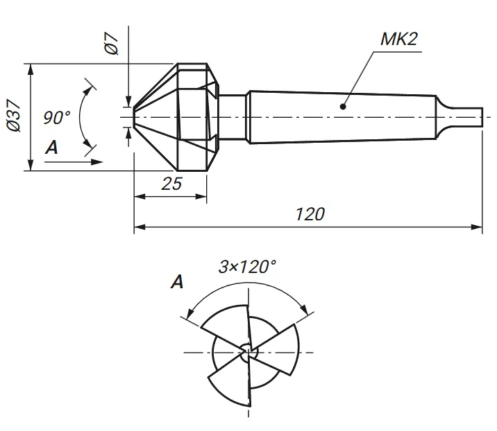 Rysunek techniczny: pogłębiacz stożkowy fi 37 mm 90 stopni DIN 335 z wymiarami D, D1, L i l