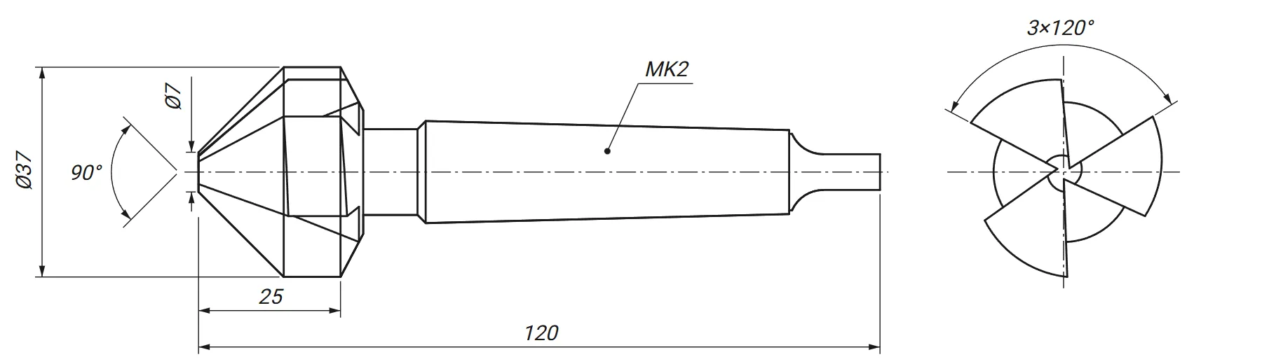 Rysunek techniczny: pogłębiacz stożkowy fi 37 mm 90 stopni DIN 335 z wymiarami D, D1, L i l