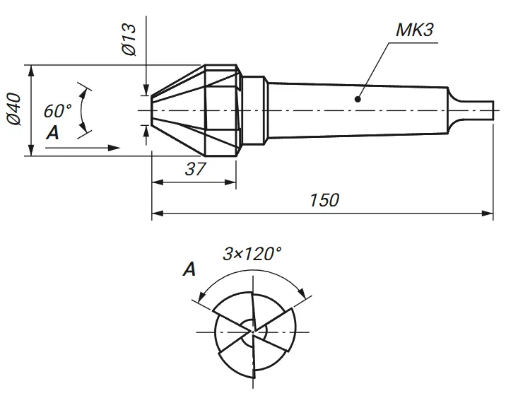 Rysunek techniczny: pogłębiacz stożkowy fi 40 mm 60 stopni DIN 334 z wymiarami D, D1, L i l