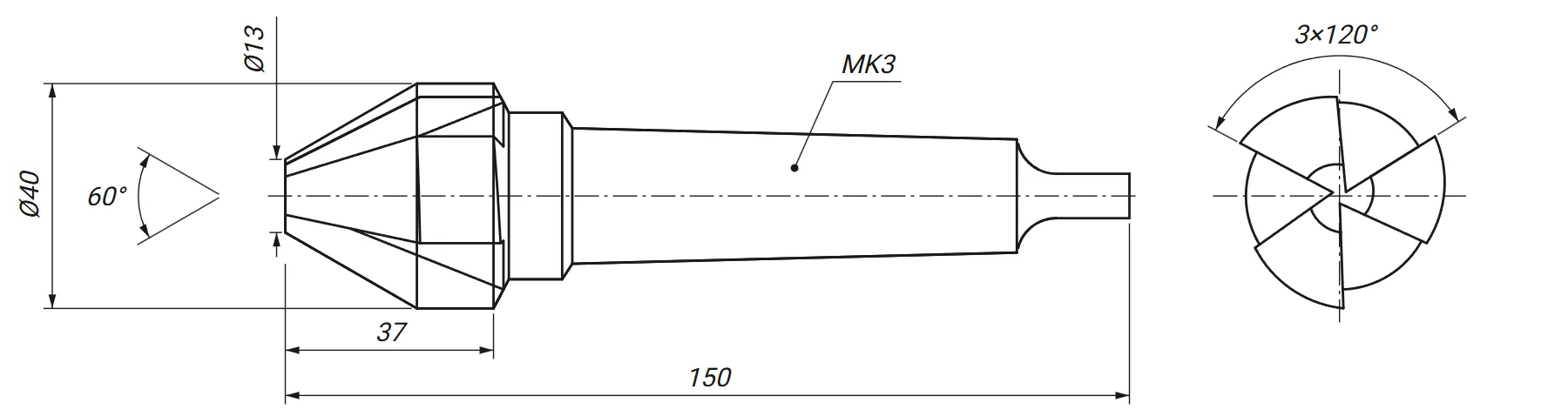 Rysunek techniczny: pogłębiacz stożkowy fi 40 mm 60 stopni DIN 334 z wymiarami D, D1, L i l