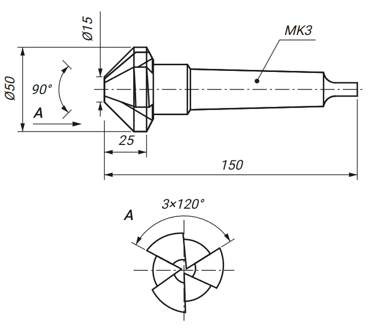 Rysunek techniczny: pogłębiacz stożkowy fi 50 mm 90 stopni DIN 335 z wymiarami D, D1, L i l