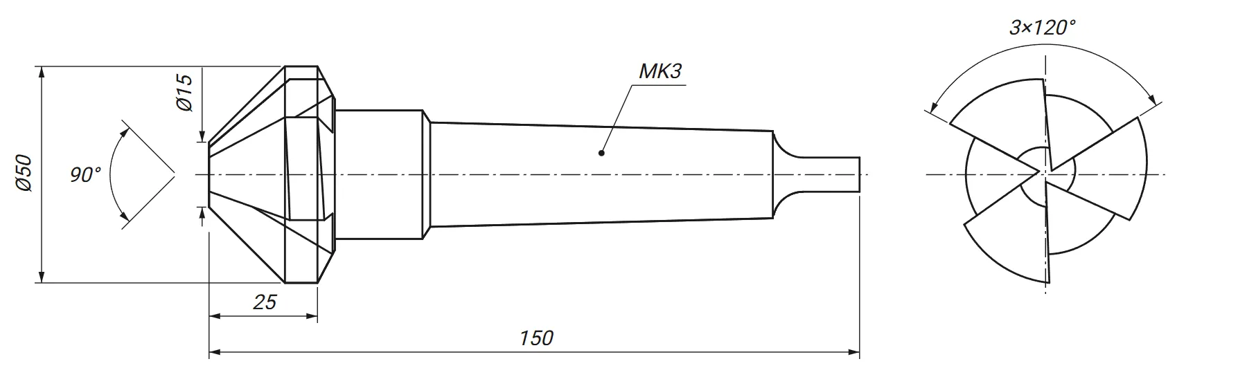 Rysunek techniczny: pogłębiacz stożkowy fi 50 mm 90 stopni DIN 335 z wymiarami D, D1, L i l