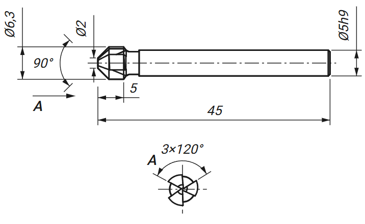 Rysunek techniczny: pogłębiacz stożkowy fi 6,3 mm 90 stopni DIN 335 z wymiarami D, D1, L i l