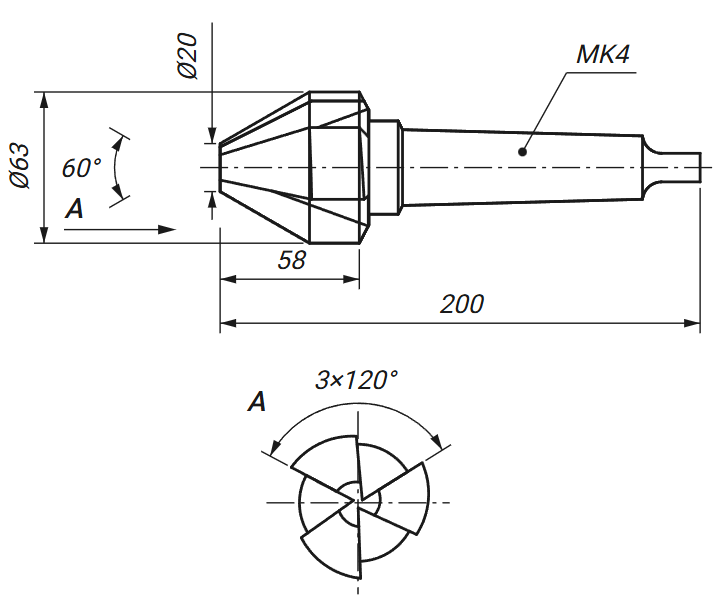 Rysunek techniczny: pogłębiacz stożkowy fi 63 mm 60 stopni DIN 334 z wymiarami D, D1, L i l