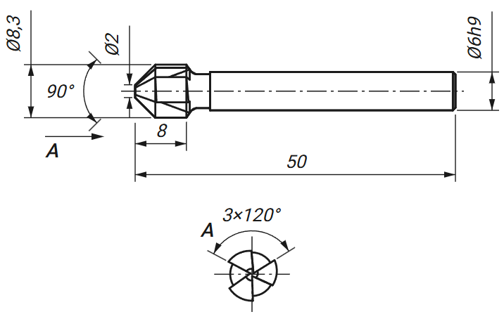 Rysunek techniczny: pogłębiacz stożkowy fi 8,3 mm 90 stopni DIN 335 z wymiarami D, D1, L i l